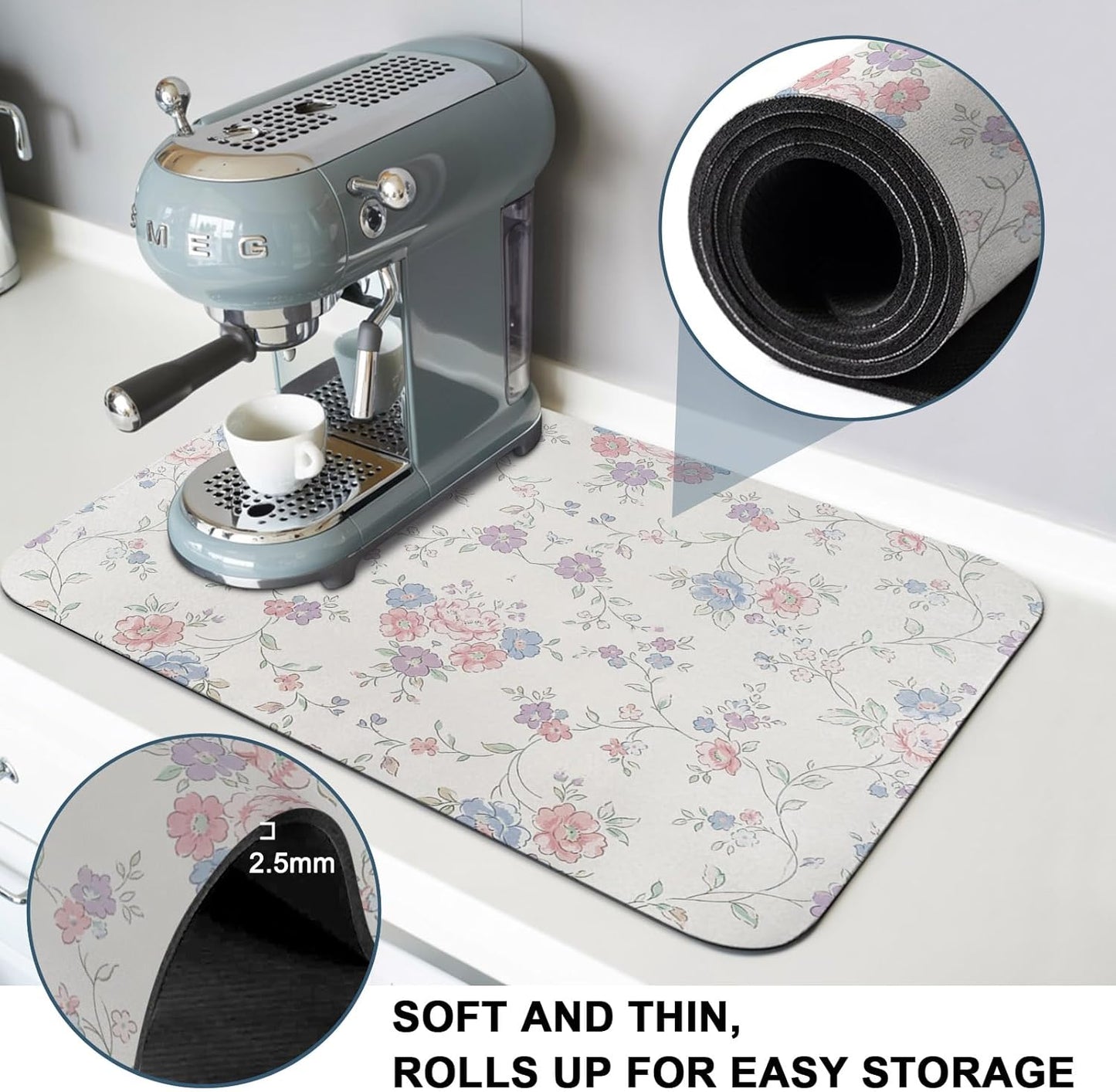 Blue Purple Flowers Dish Drying Mats for Kitchen Counter, Rustic Light Purple Blue Pink Floral Absorbent Coffee Bar Mat with Non-slip Rubber Backed Quick Drying Dish Rack Pad 16"x24"
