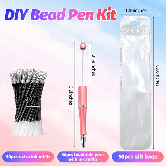 150 Pieces DIY Beadable Pen Kit – 50 Plastic Ballpoint Pens with Refills & Bags – School Supplies, Office Accessories & Decorative Items for Students & Teachers （Pink）