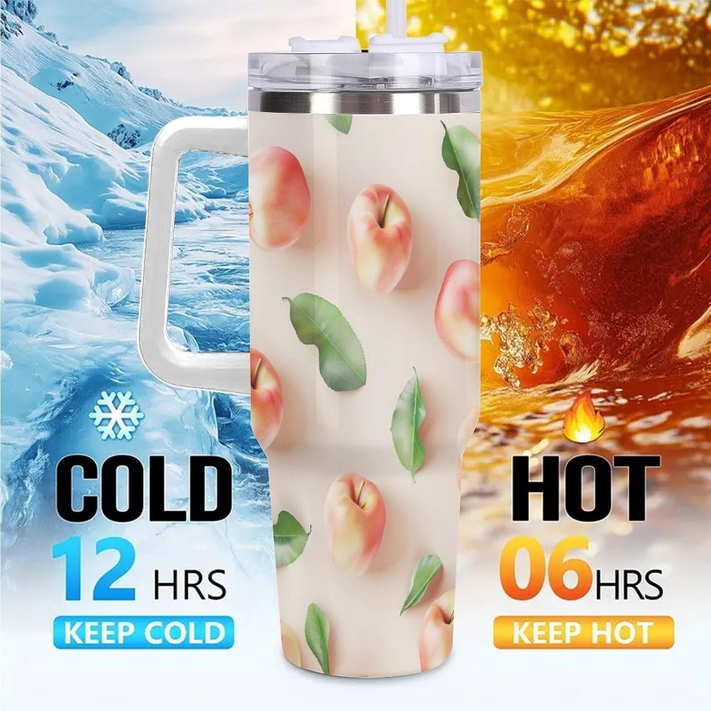 40oz Tumbler with Handle, Peaches And Green Leaves Pattern Printed Stainless Steel Travel Mug, Insulated Car Cup with Straw, Keeps Drinks Hot & Cold, Personalized Gift for Women & Men
