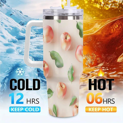 40oz Tumbler with Handle, Peaches And Green Leaves Pattern Printed Stainless Steel Travel Mug, Insulated Car Cup with Straw, Keeps Drinks Hot & Cold, Personalized Gift for Women & Men