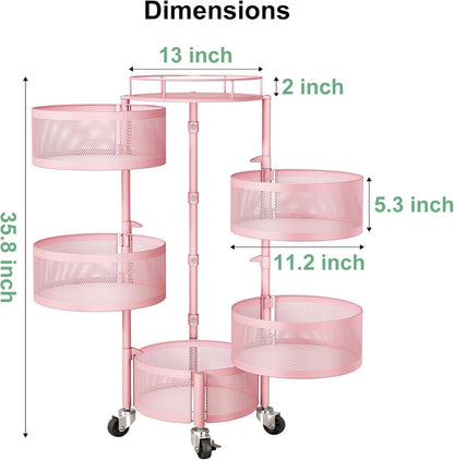 SAYZH Fruit Vegetable Basket for Kitchen, Rotating Storage Rack, 5 Tier Rolling Cart with top lid, Large Metal Wire Wheels, Pink