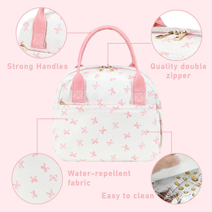 CAMTOP Lunch Box for Women Insulated Lunch Bag Lunchbox Cooler Thermal Leakproof Quilted Reusable Lunch Tote Bag for Work School Travel Picnic (Pink Bow)