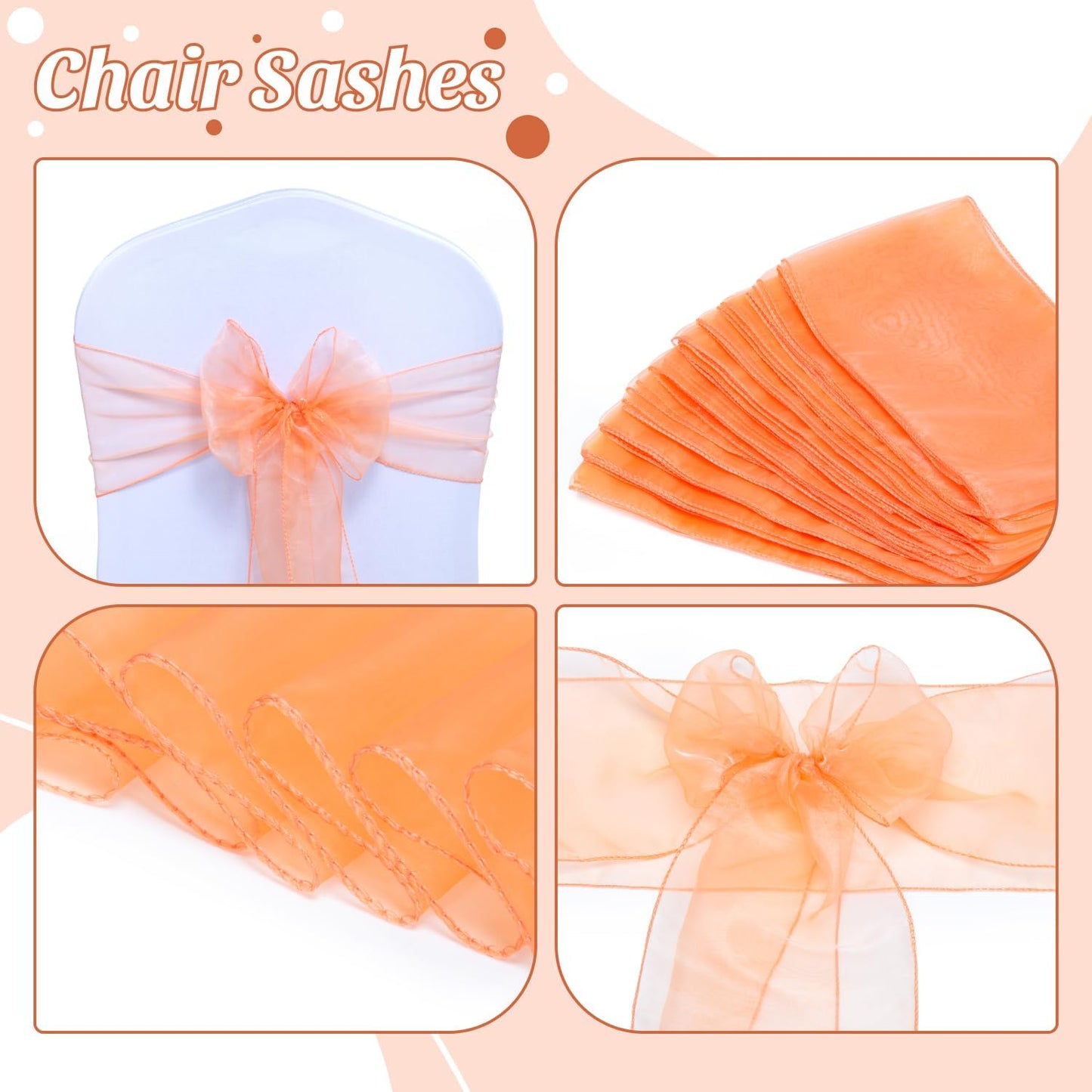 MDS® Pack of 10 Organza Chair Sashes for Wedding Decoration, Reusable Sheer Chair Bows for Banquet Chair Cover, Reception, Bridal Shower, Baby Shower, Birthday Party & Special Events - Peach