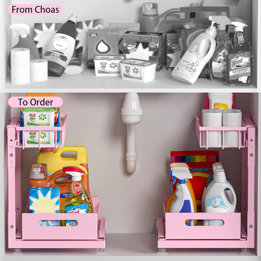 L-Shaped Under Sink Organizer, 2 Pack 2-Tier Pull Out Metal Kitchen Cabinet Organizer with Sliding Storage Drawer, Height Adjustable Heavy Duty Under Bathroom Sink Storage for Cleaning Supplies