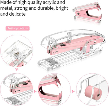 Office Supplies Set Desk Accessory Kit, Acrylic Stapler Set Staple Remover, Tape Dispenser, Binder Clips, Paper Clips, Ballpoint Pen and Scissor with 1000 Pieces 26/6 Staples (Pink)
