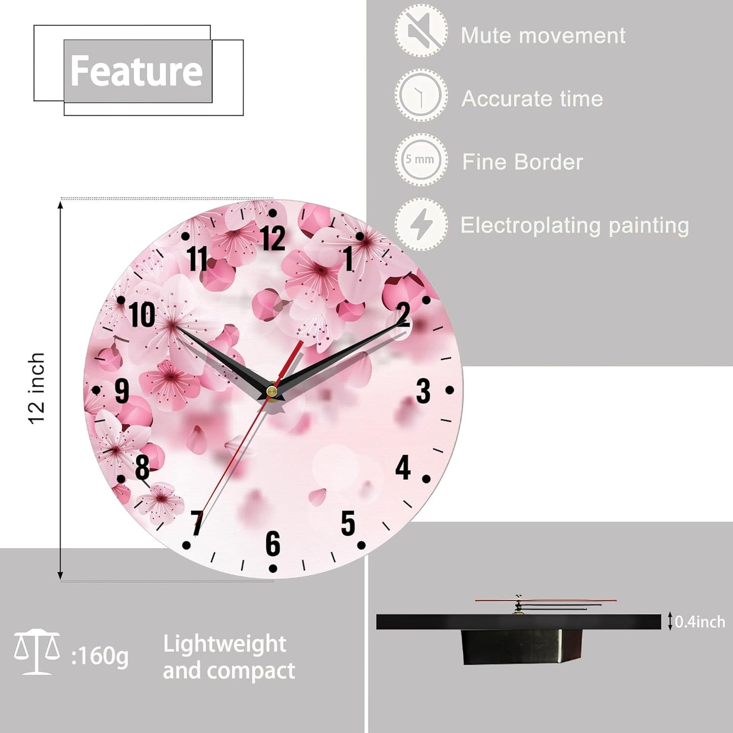 SPUNKER Wall Clocks,Cherry Blossom Wall Clocks for Living Room Decor,Pink Sakura Flower Kitchen Clocks Wall Battery Operated - 10 Inch Round Bathroom Wall Clock Silent Non-Ticking
