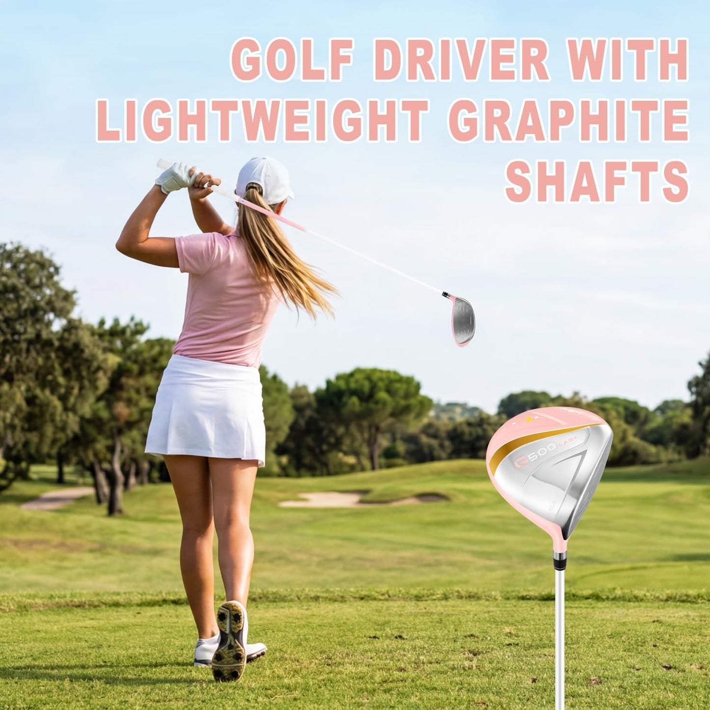 PGM Women's Golf Clubs Full Set for Right Handed with Driver Woods Hybrid Irons Wedges Putter, Lady Flex Complete Golf Set for Beginner to Intermediate Golfers with Headcovers and Club Bag