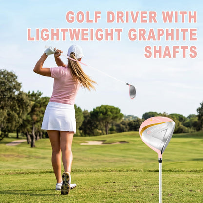 PGM Women's Golf Clubs Full Set for Right Handed with Driver Woods Hybrid Irons Wedges Putter, Lady Flex Complete Golf Set for Beginner to Intermediate Golfers with Headcovers and Club Bag