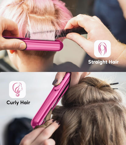 Terviiix Mini Flat Iron for Bangs Short Hair Edges, 1/2 Inch Small Ceramic Hair Straightener and Curler 2-in-1, Travel Flat Iron with Dual Voltage, 430F Fast Heat, Pouch - Pink