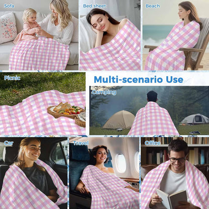 Pink White Gingham Cooling Blanket, Lightweight Breathable Summer Throw Blanket with Double Sided Cold Effect,Minimalism Buffalo Checkered Pattern Picnic Beach Blankets Bed Sheet for Sleepers 40"x60"