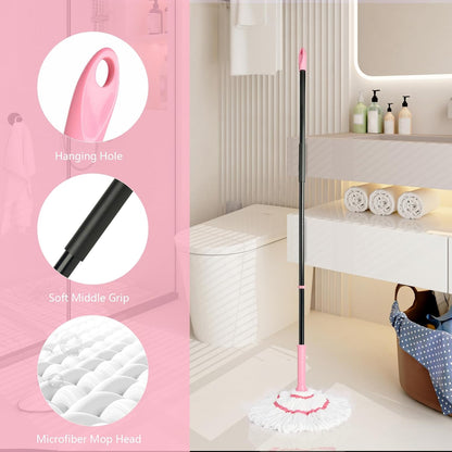 Self-Wringing Twist Mop for Floor Cleaning, 57” Long Handle Heavy Duty Microfiber Mop for Wet Mopping on Tile, Hardwood, Kitchen, Bathroom, Patio, Garage, Commercial Household Clean (Pink)