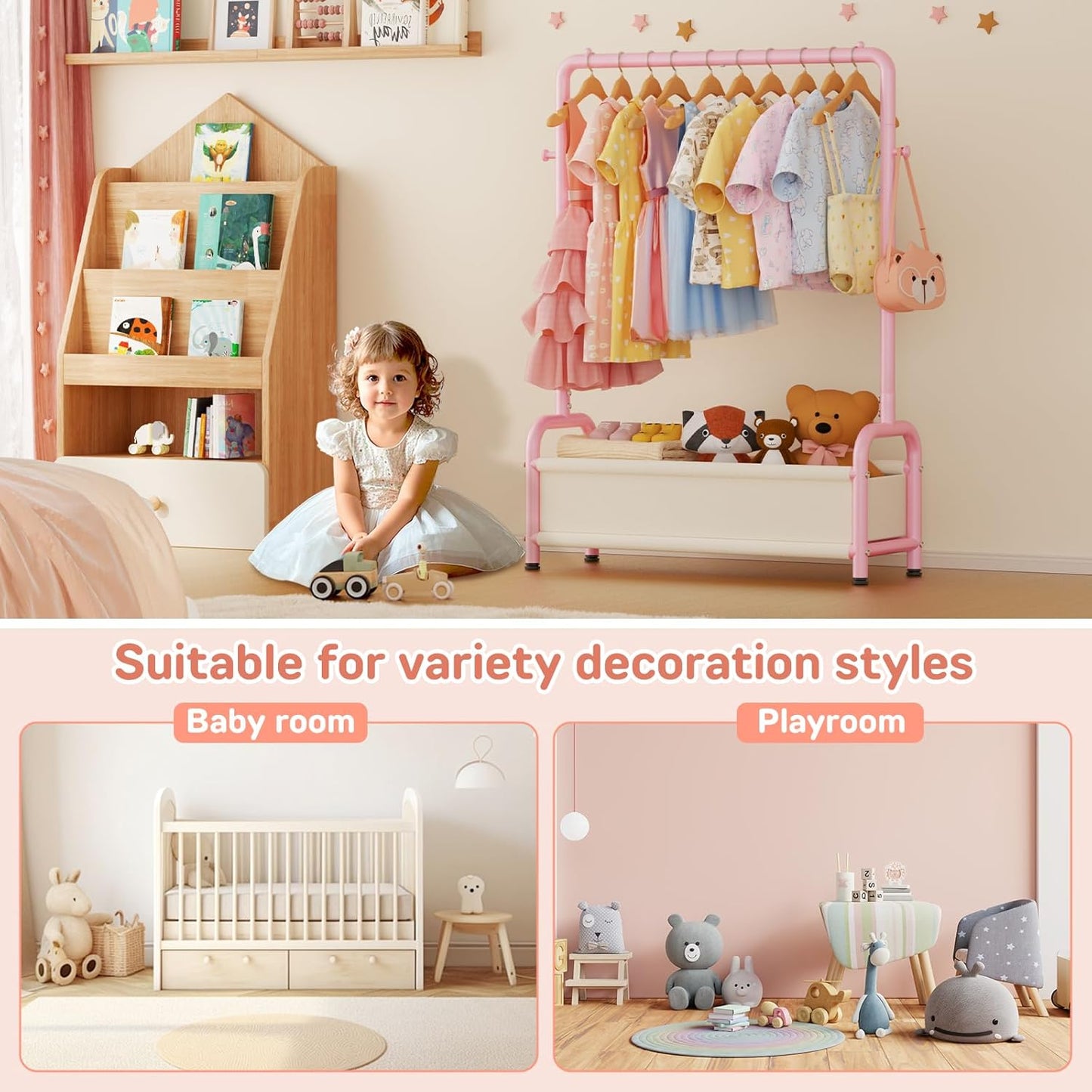 Kids Clothing Rack with Storage Shelf, Kids Dress Up Storage for Coats, Small Baby Garment Rack for Hanging Clothes, Toddler Wardrobe Closet Organizer (Classic, Pink)