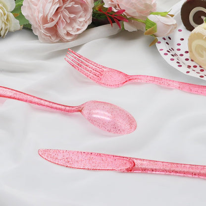 150 Pcs Pink Silverware Set Heavy Duty Pink Plastic Silverware - 50 Forks, 50 Knives, 50 Spoons for Brithday, Valentine's Day, Wedding, Baby Shower, Bridal Shower