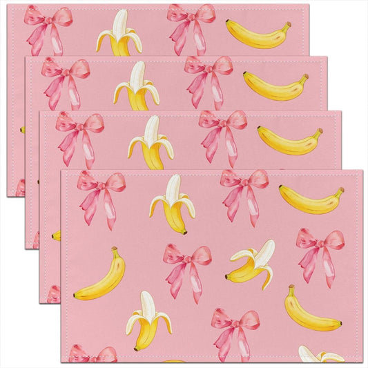 Pink Bow Placemats Set of 4 12x18 Inch Cute Coquette Bow Knot Table Mats for Party Kitchen Dining Decoration Holiday Seasonal Banana Themed Place Mat for Dinner Table Indoor Outdoor Non-Slip