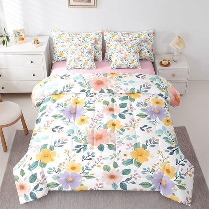 Erosebridal Floral 7 Piece Bedding Set Queen Peach Blossom Comforter Set with Sheets Colorful Flowers Hand Drawn Bed in a Bag Pink Black Botanical for Kids Girls Women