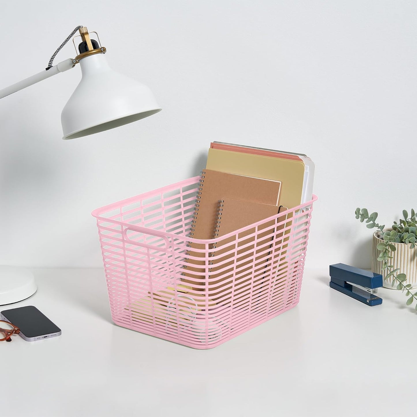 Curver Set of 4 Large 18.8L Aria Decorative Plastic Organization and Storage Baskets - Perfect Bins for Home Office, Closet Shelves, Kitchen Pantry and All Bedroom Essentials, Pink
