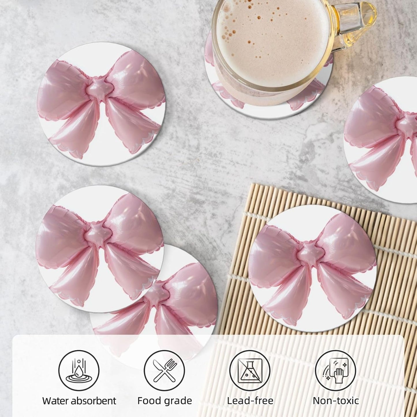 Light Pink Bow Balloon Ceramic Coasters with Holder Set of 6 Coffee Cup Drink Coasters