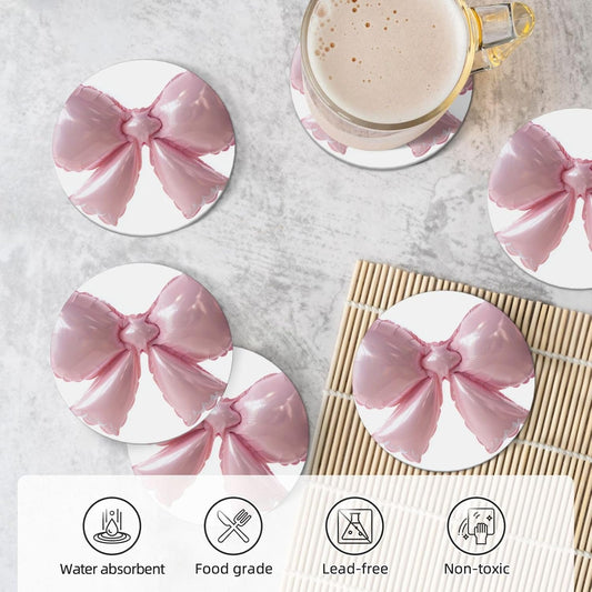 Light Pink Bow Balloon Ceramic Coasters with Holder Set of 6 Coffee Cup Drink Coasters