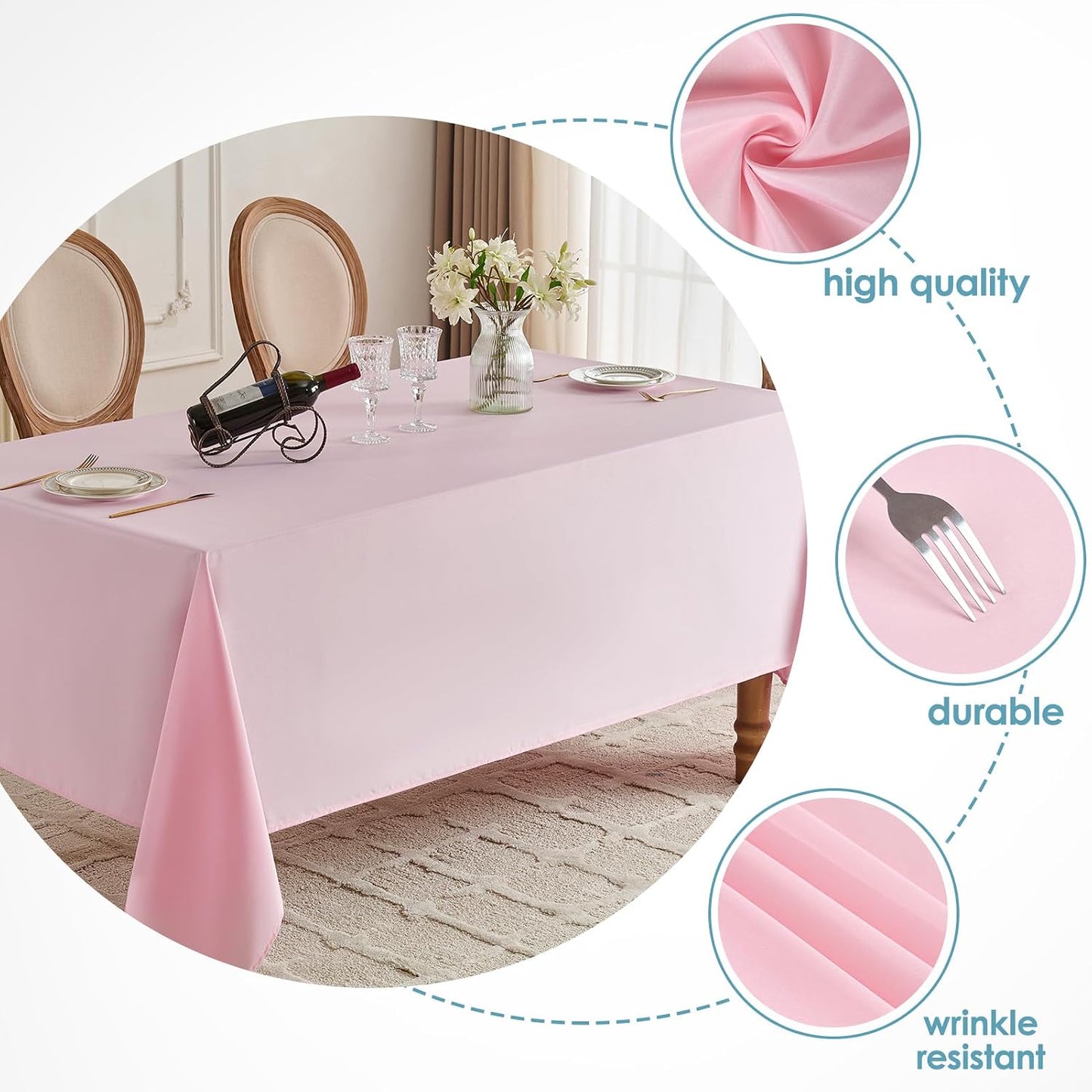 VidaFete Tablecloth 10 Pack 90 * 132inch Rectangle Table Cloth Polyester, Stain Wrinkle Resistant Polyester Dining Table Cover for Kitchen Dinning Party Wedding Rectangular Buffet Decoration(Pink)