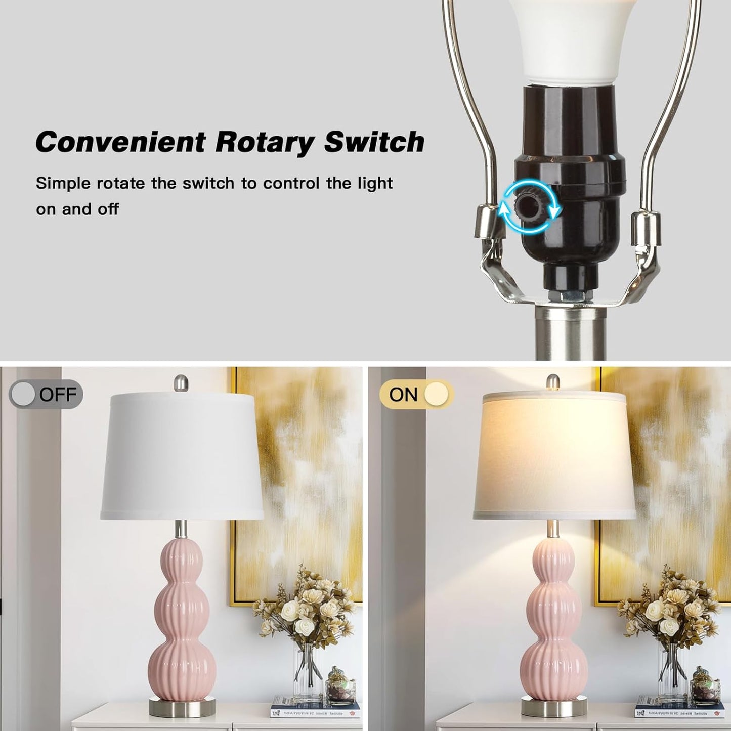 28" Pink Ceramic Table Lamps Set of 2, Modern Bedside Lamps for Night Stands, Triple Gourd Table Lamp for Living Room End Table or Bedroom Nightstand (2 LED Bulbs Included)