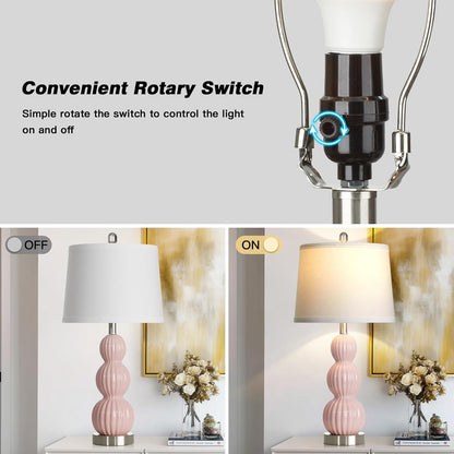 28" Pink Ceramic Table Lamps Set of 2, Modern Bedside Lamps for Night Stands, Triple Gourd Table Lamp for Living Room End Table or Bedroom Nightstand (2 LED Bulbs Included)