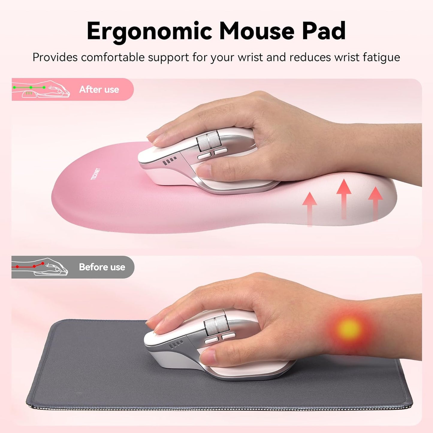 TECKNET Ergonomic Mouse Pad with Wrist Rest, Memory Foam Mousepad with Wrist Support, Smooth Surface, Middle Concave & Non-Slip Base for Laptop/PC, Pain Relief for Home Office Gaming, Pink