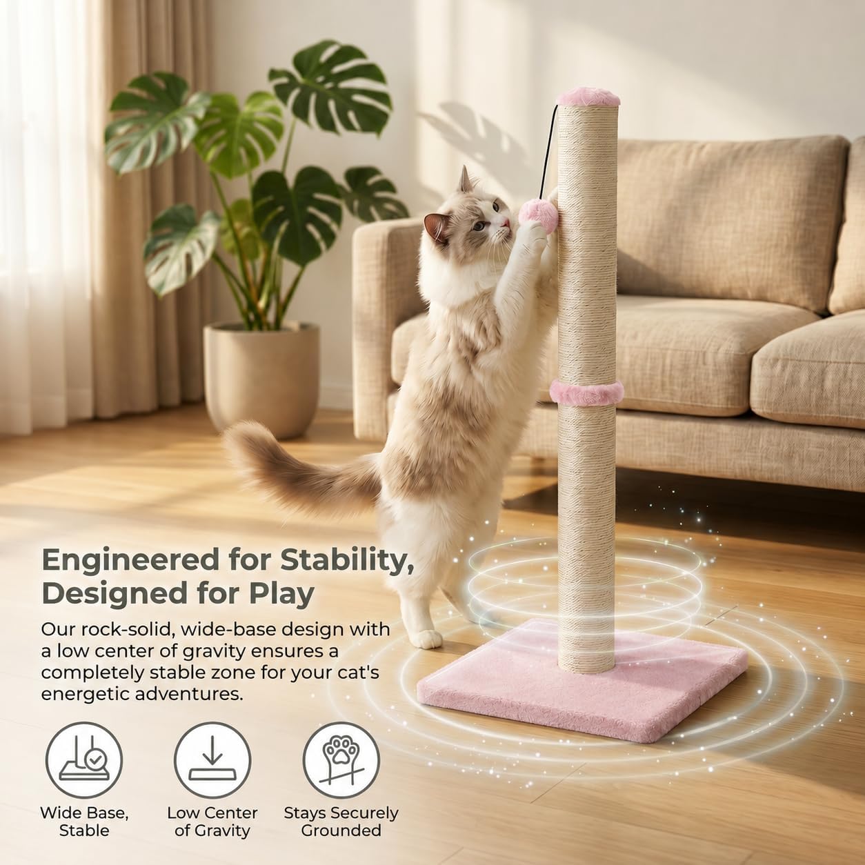 Dimaka Tall Cat Scratching Post, Claw Scratcher with Sisal Rope and Covered with Soft Smooth Plush, Vertical Scratch [Full Strectch] for Standard Size Cats (Pink, 34 inches for Large Cats)