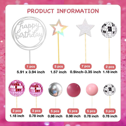 38Pcs Pink Silver Disco Ball Cake Decoration Pearl Balls Cake Topper Stars Disco Balls Happy Birthday Cake Topper for 70s 80s 90s Music Dance Girl Theme Wedding Birthday Baby Shower Party Supplies