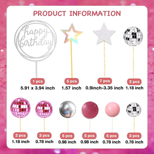 38Pcs Pink Silver Disco Ball Cake Decoration Pearl Balls Cake Topper Stars Disco Balls Happy Birthday Cake Topper for 70s 80s 90s Music Dance Girl Theme Wedding Birthday Baby Shower Party Supplies