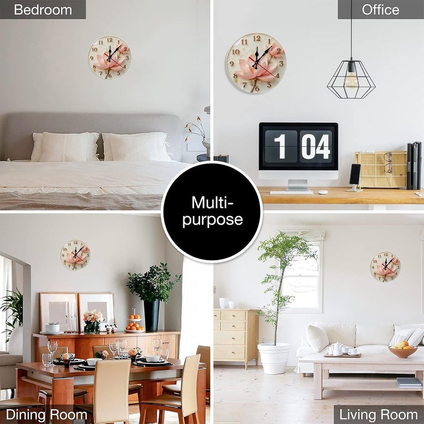 Pink Lotus Clock with Golden Numbers 2D 10 Inch Silent Wall Clock,Frameless Wooden Round Clock with Quartz Movement for Bathroom, Kitchen, Living Room, Bedroom