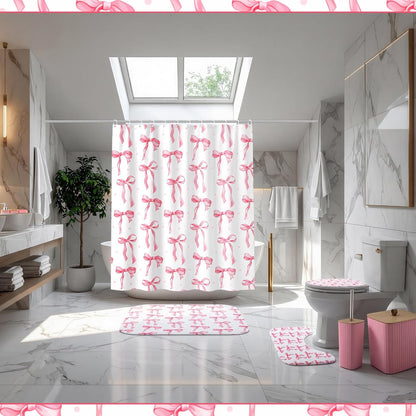 Patelai 10 Pcs Pink Bow Bathroom Accessories Set Cute Coquette Shower Curtain and Rugs Aesthetic Girly Bow Farmhouse Bathroom Decor Trash Can Soap Dish Toilet Lid Cover Toothbrush Holder Cup for Home