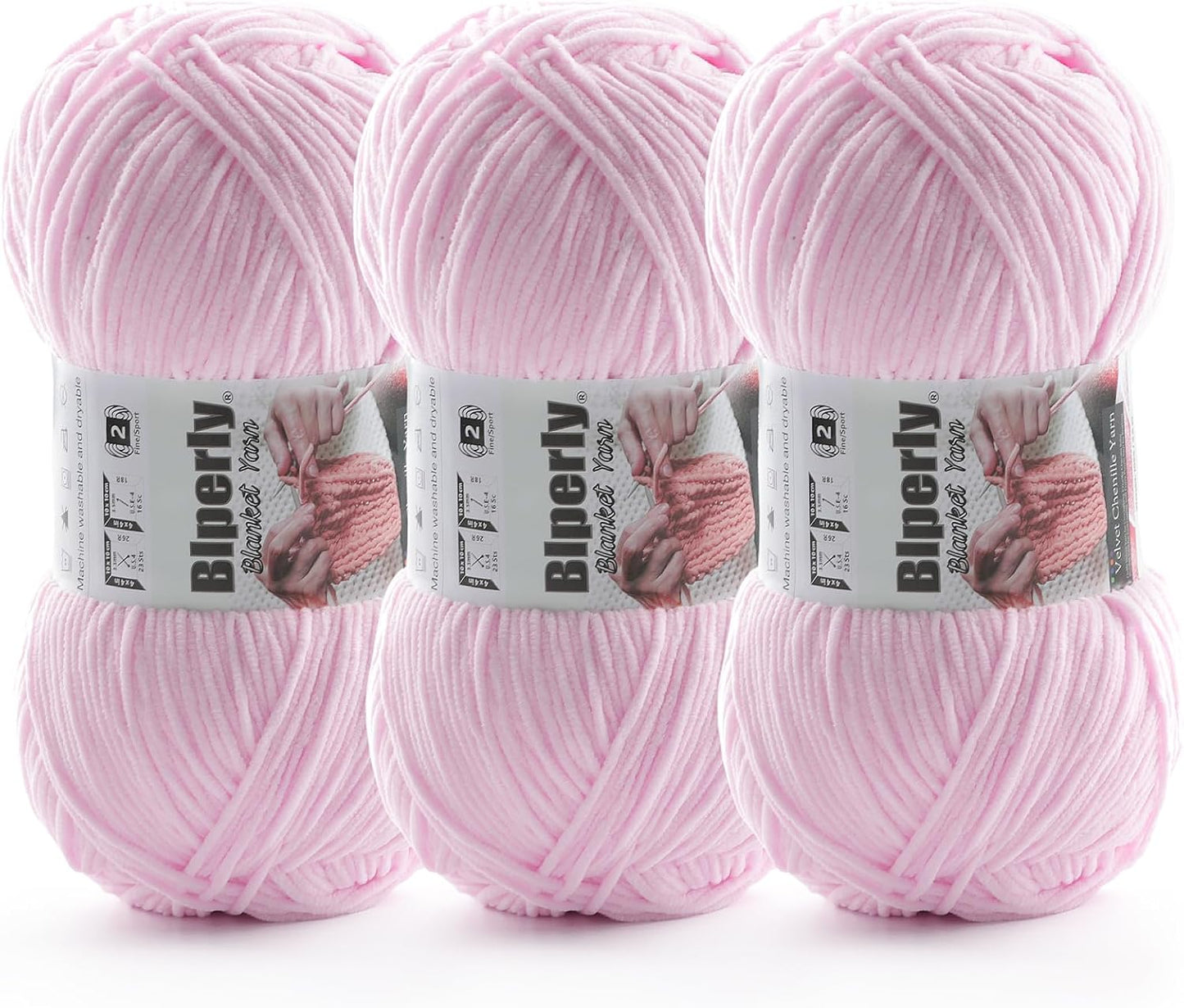 Skinny Chenille Yarn for Crocheting and Knitting - 3 Pack of 100g/317yds Ultra Soft Fluffy Plush Velvet Yarn - #2 Crochet Yarn for Amigurumi, Blankets, Plush Dolls, Baby Clothes (3, Light Pink)