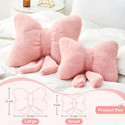 Dusty Pink Bow Pillow,12'' Bow Decorative Pillows with Faux Rabbit Fur,Soft Bow Throw Pillows Aesthetic Bow Shaped Pillow for Bed Sofa Couch Home Decor