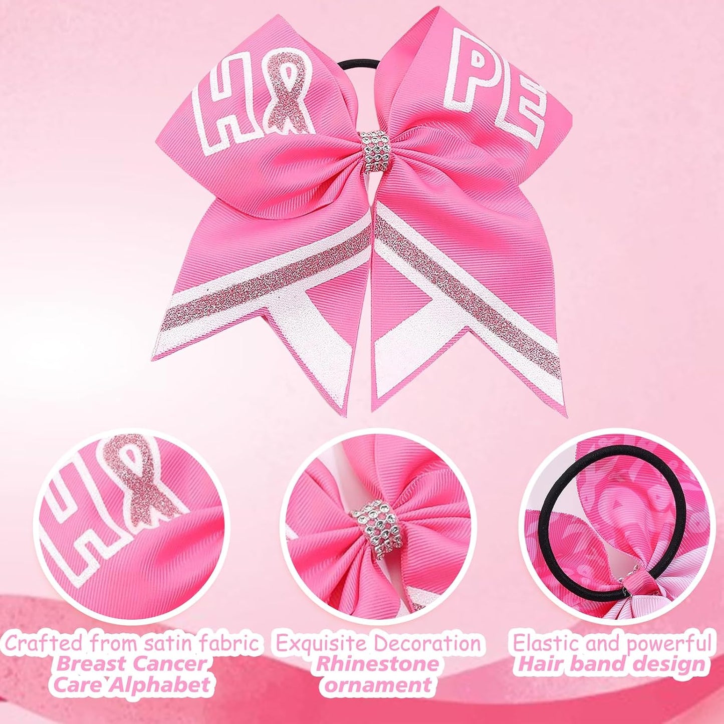 Totelux Breast Cancer Cheer Bows Hair Ties Pink Ribbon Hair Rubber Band Ponytail Holder Glitter Elastic Hair Bow Ties for Women Breast Cancer Awareness Hair Accessories