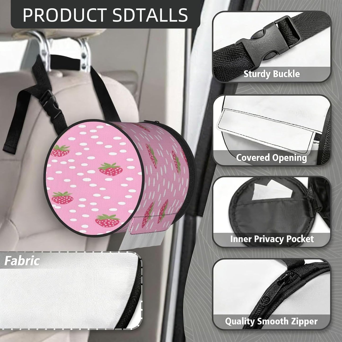 Oxford Cylinder Tissue Holder, Round Tissue Container Pink Strawberry Dots Pattern - 6.3''X6.3'' Portable Toilet Paper Roll Cover Tissue Box for Home Car Camping Office Travel
