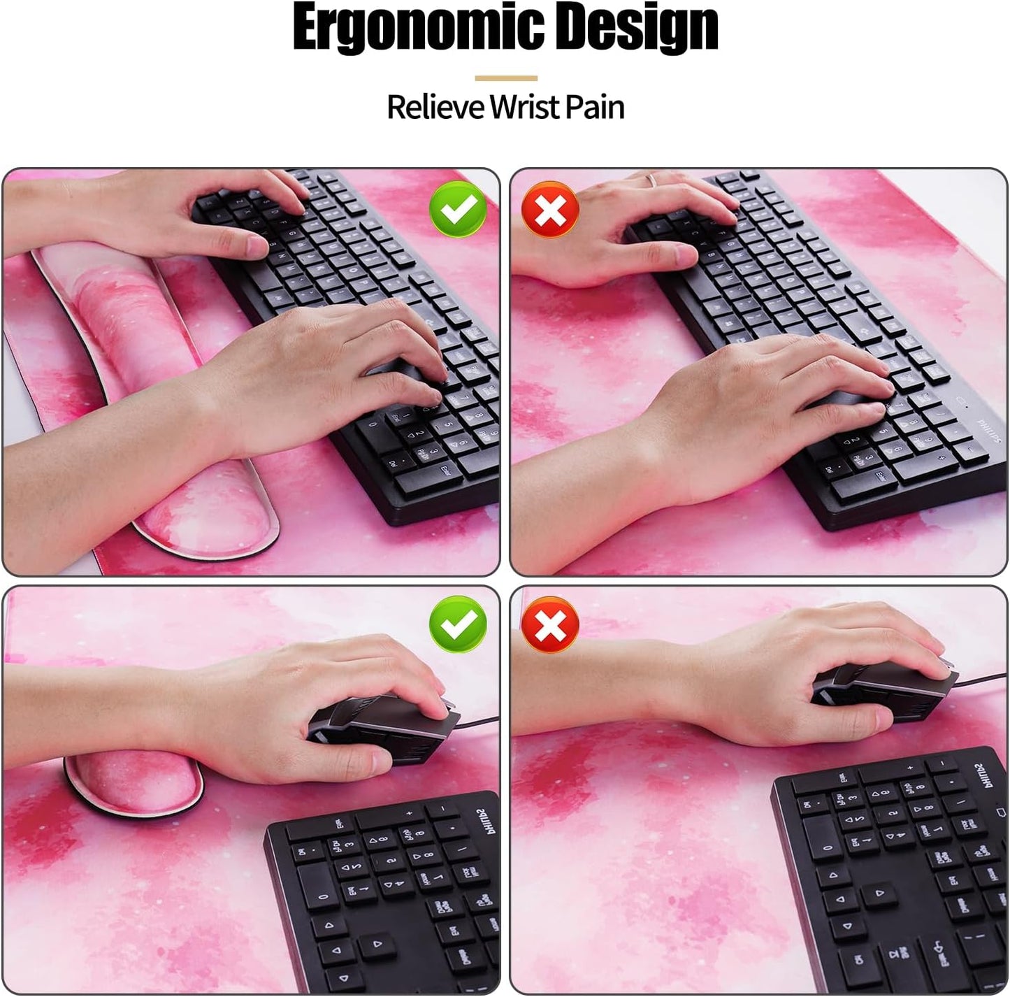 Bloss Pink Mouse Pad+Wrist Rest, 4-in-1 Larg Desk Pad Mat, Anti-Slip Keyboard Pad, Gaming Mouse Pad, Cute Desk Accessories for Keyboard and Mouse-Pink Clouds (31.5 x 15.7 Inches)