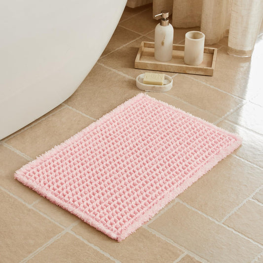 Triohero Waffle Bath Mat, Small Boho Bathroom Rugs Non Slip Washable, Ultra Soft Super Absorbent Quick Dry Farmhouse Bathroom Decor, 16" x 24", Light Peachy Pink