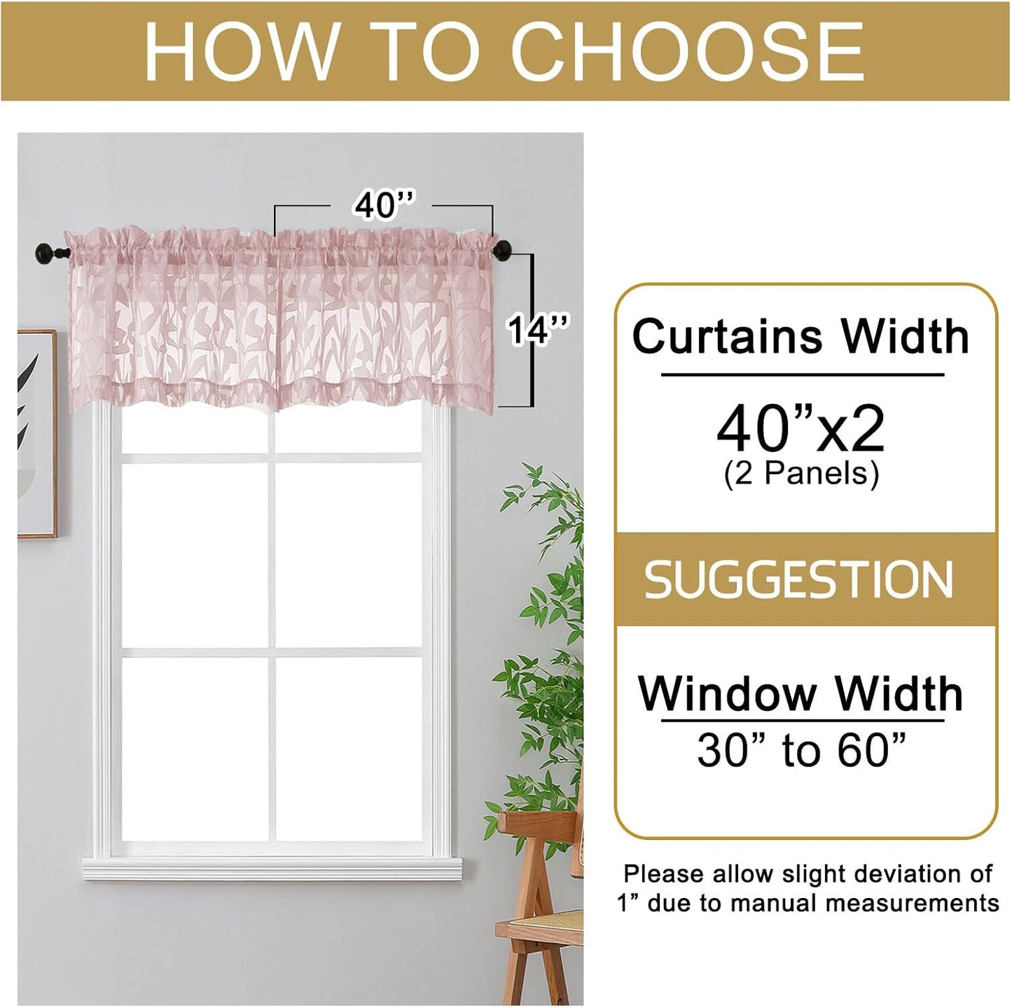 OWENIE Leyna 14 Inch Blush Pink Valance for Windows 2 PCS Sheer Curtains, Jacquard Leaves Textured Small Kitchen Valances Curtain for Living Room Bedroom, Modern Rod Pocket Drapes, 40Wx14L Inch