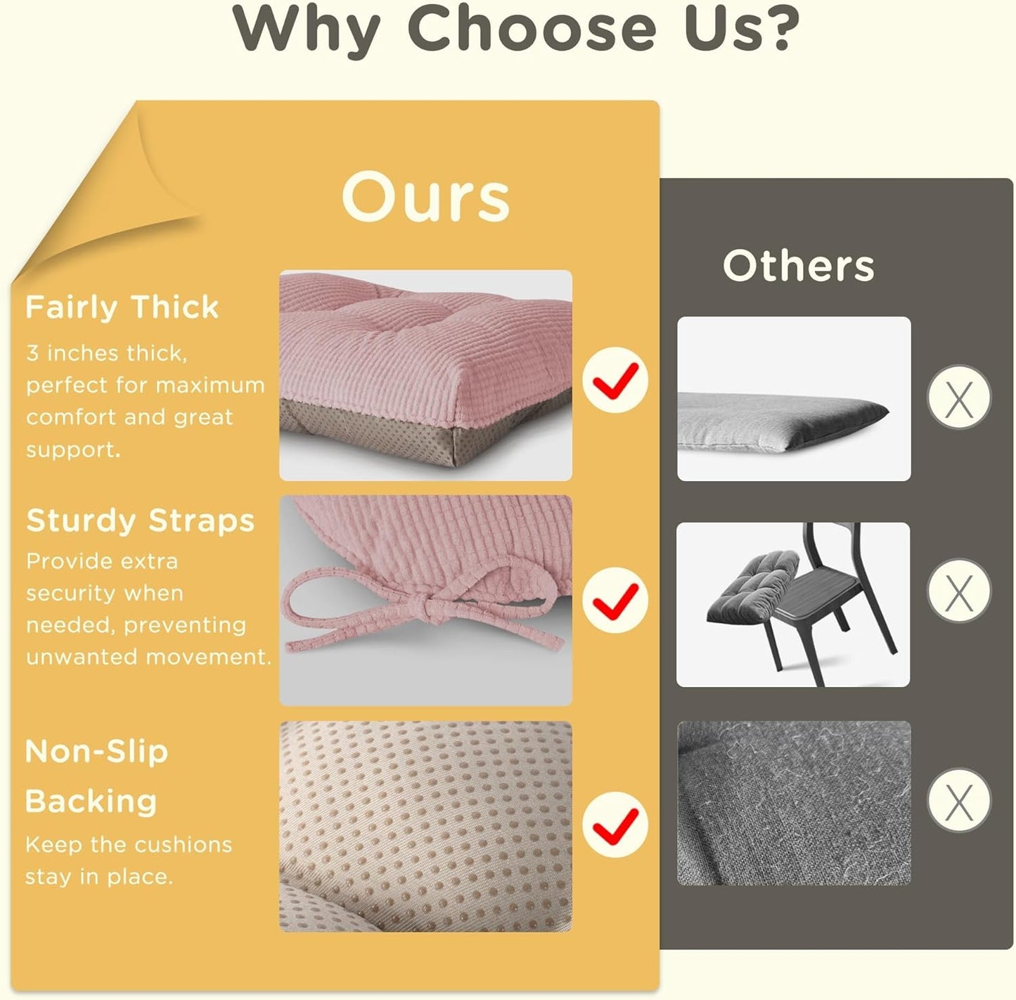 Kitchen Chair Cushions for Dining Chairs Set of 2, Tufted Kitchen Seat Cushions with Ties and Non-Slip Bottom 18"X16.5"X3" Light Pink