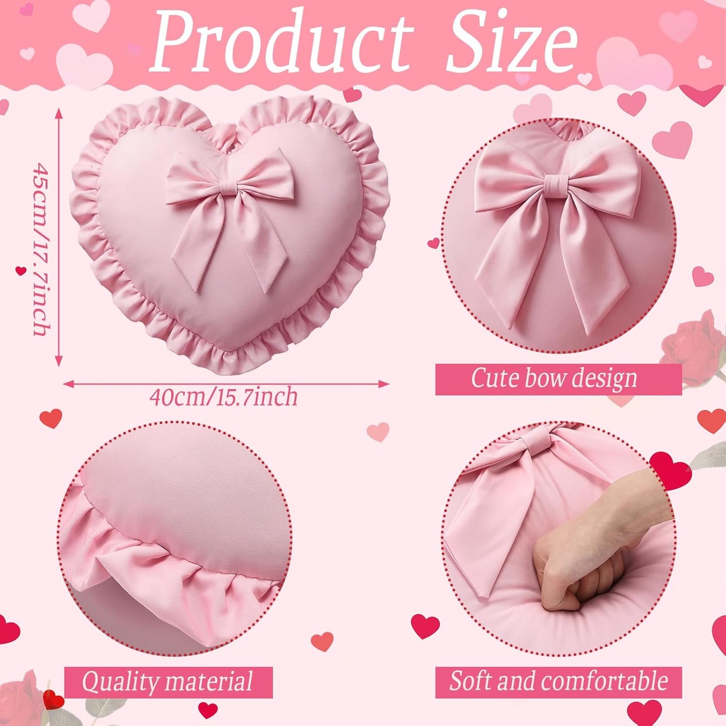 Amyhill Pink Heart Pillows with Bow 18 x 16 Inch Cute Coquette Ruffle Heart Throw Pillow Decorative Cushion for Wedding Party Room Bed Sofa Couch Decor
