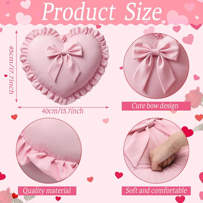Amyhill Pink Heart Pillows with Bow 18 x 16 Inch Cute Coquette Ruffle Heart Throw Pillow Decorative Cushion for Wedding Party Room Bed Sofa Couch Decor