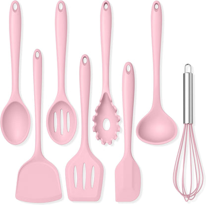 TeamFar Silicone Cooking Utensils Set, 8 PCS Kitchen Utensils Set, 446°F Heat Resistant, Turner, Spatula, Spoon, Whisk, Kitchen Cooking Gadgets Tools for Nonstick Cookware, Dishwasher Safe-Pink