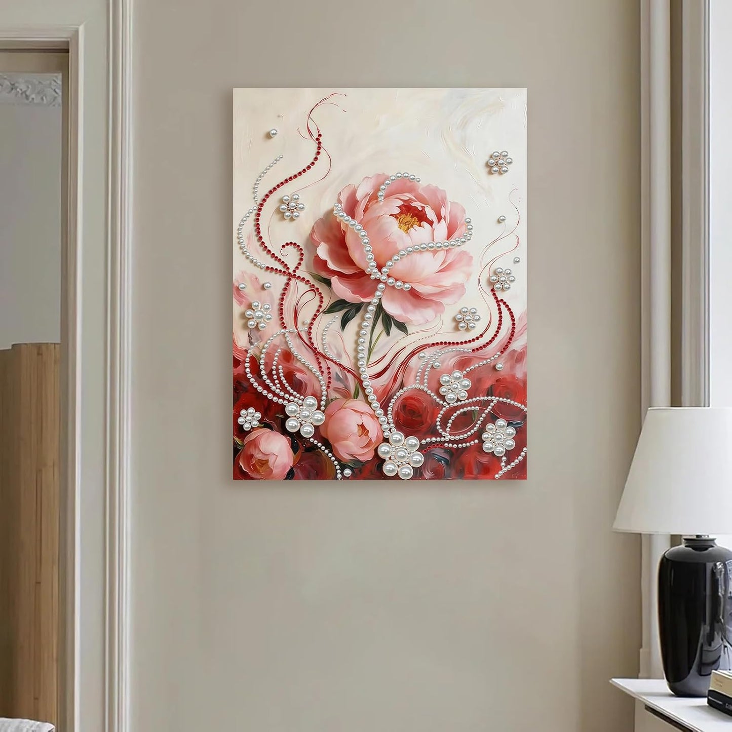 DIY Diamond Pearl Painting Kit for Adults, Beginner Friendly Craft Kits with Frame 30x40cm,Home Decor Housewarming Gift, Diamond Dots Beads Canvas Art for Wall Decor(Pink Rose)