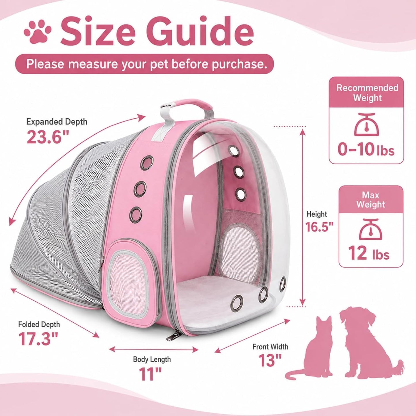 Expandable Cat Carrier Backpack for Cats & Dogs, Bubble Window Pet Travel Backpack with Breathable Mesh, Anti-Collapse Structure, Side Door, Safety Leash, for Vet Visits, Hiking, Outdoor, Pink