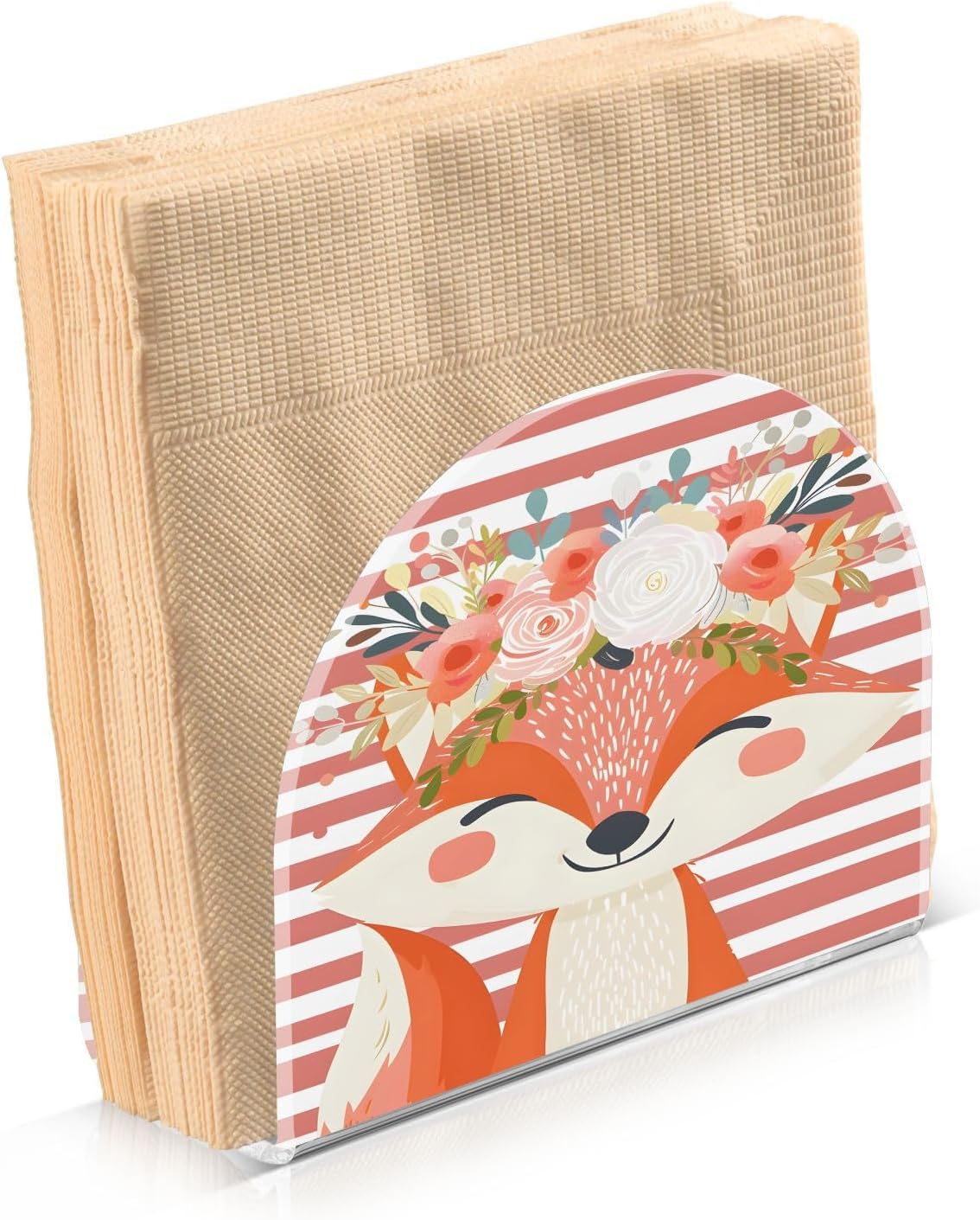 Napkin Holder for Table,Cute Fox Pink Stripe Napkin Holders Tissue Dispenser Clear Acrylic Cocktail Napkins Paper Towel Storage Holder for Kitchen Bathroom Decor