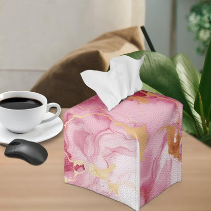 Tissue Box Cover Decorative Holder PU Leather Square Novelty Case Dispenser for End Table, Office Desk, Nightstand, Home Decoration, Pink Marble
