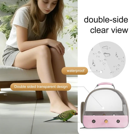 Bird Carrier, Portable Small Bird Parrot Parakeet Carrier with Standing Perch and Stainless Steel Tray, Side Access Window Collapsible (Pink, Clear Windows)