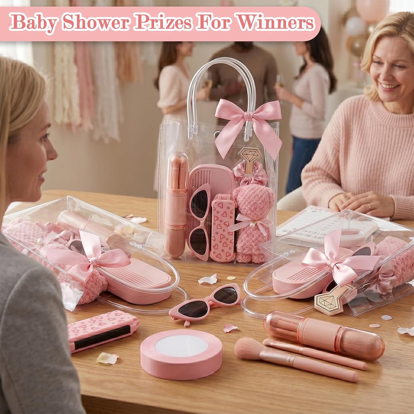 6 Sets Baby Shower Prizes for Guests, Pink Party Favor Gift Sets with Sunglasses, Makeup Brushes, Nail Kits, Hair Ties, Combs, Towels and Gift Bags for Bridesmaids, Wedding, Bridal Shower