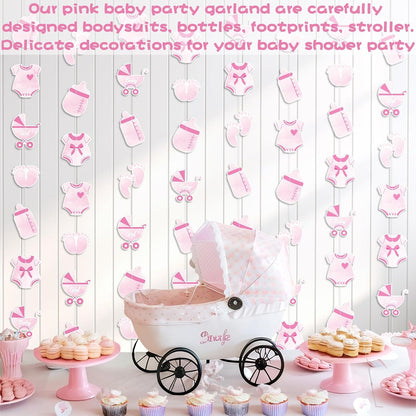 Weecent 8 Pack Pre-Strung Pink Baby Shower Banner Baby Girl Party Decorations Pink Paper Garland Baby Girl Birthday Party Favors Baby Shower Party Supplies