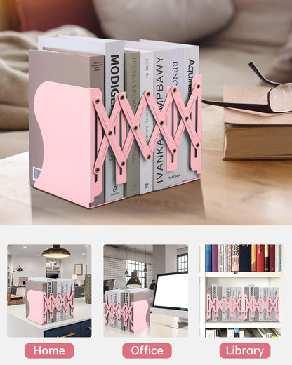 Honagu Adjustable Bookends, Metal Book Ends for Shelves Heavy Book, Desk Magazine File Organizer for Home, Office, Books, Papers, Extends up to 19 inches, for Students,Teachers (Pink)